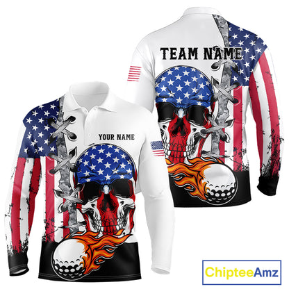 American Flag Skull Flame Golf Ball Mens Golf Polo shirts Custom Patriotic golf attire for men NQS11695