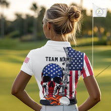 Load image into Gallery viewer, American Flag Skull Flame Golf Ball Womens Golf Polo shirts Custom Patriotic golf attire for ladies NQS11695