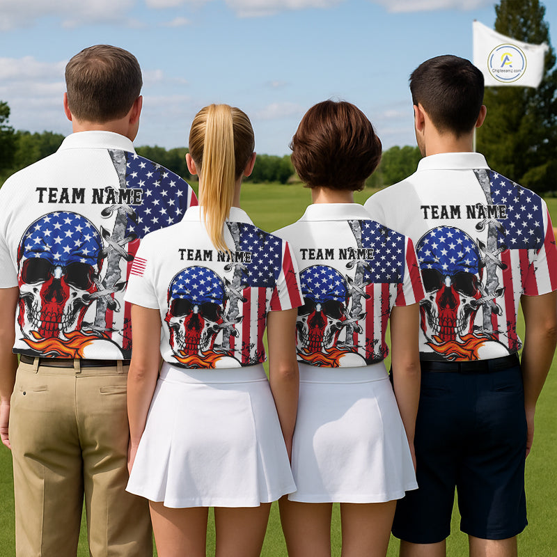American Flag Skull Flame Golf Ball Mens Golf Polo shirts Custom Patriotic golf attire for men NQS11695