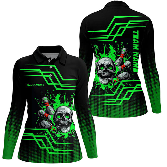 Black and green bowling skull polo, Quarter zip Shirts for women Custom team Bowling jerseys NQS7956