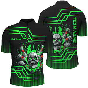 Black and green bowling skull polo, Quarter zip Shirts for men Custom team Bowling jerseys, bowl gifts NQS7956