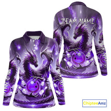 Load image into Gallery viewer, Personalized Purple Lights Dragon Women Bowling Polo, 1/4 Zip Shirt Custom Team Bowling League Jersey NQS10200