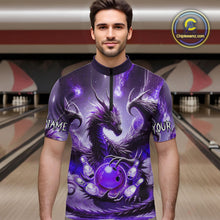 Load image into Gallery viewer, Personalized Purple Lights Dragon Mens Bowling Polo, 1/4 Zip Shirt Custom Team Bowling League Jersey NQS10200