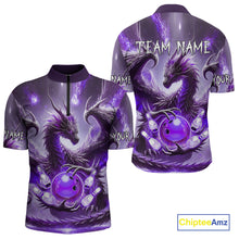 Load image into Gallery viewer, Personalized Purple Lights Dragon Mens Bowling Polo, 1/4 Zip Shirt Custom Team Bowling League Jersey NQS10200