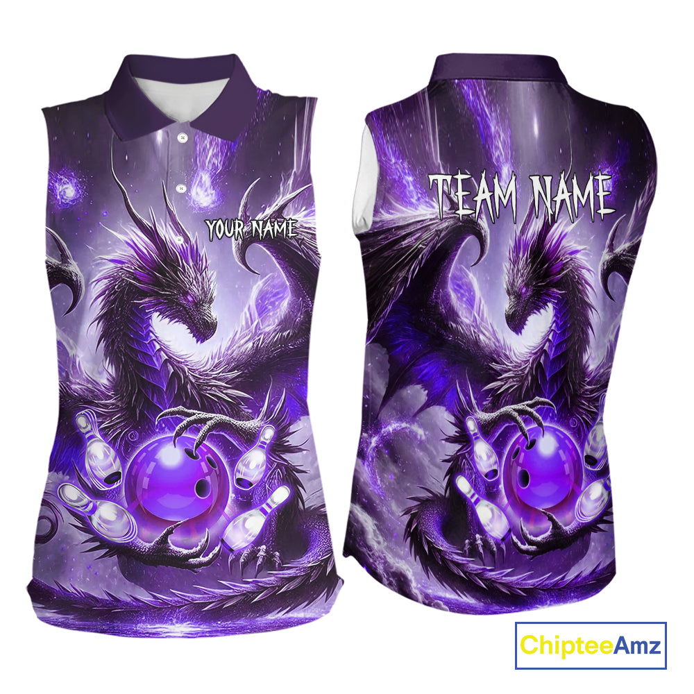 Personalized Purple Lights Dragon Bowling sleeveless polo Shirt Custom Team Bowling League Jersey NQS10200