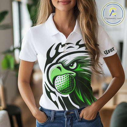 Womens golf polo shirts custom Green Eagle golf ball white golf tops, team golf attire for ladies NQS10554