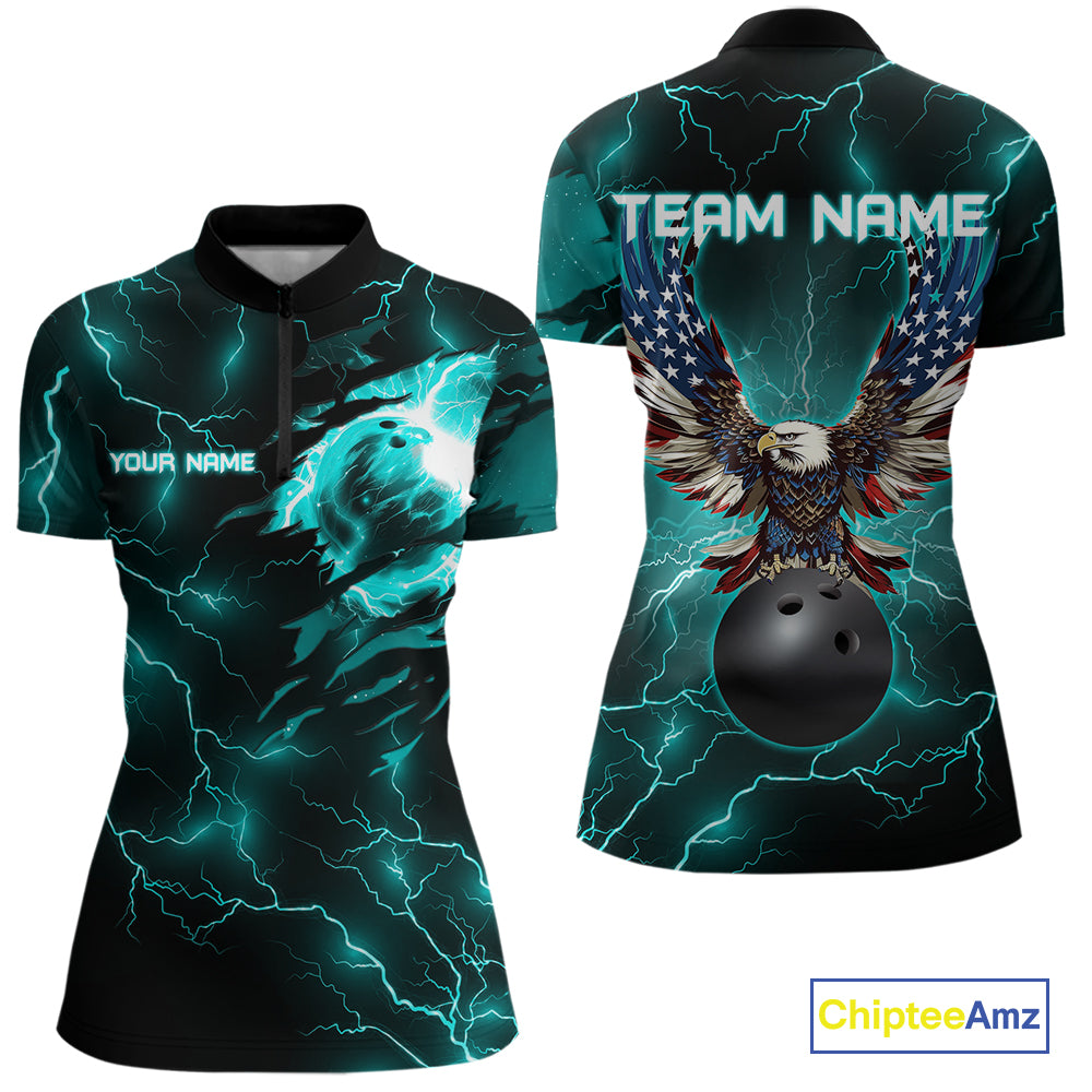 Cyan Blue lightning thunder bowling American flag Eagle custom Mens Bowling Polo, Quarter Zip Shirts NQS10558