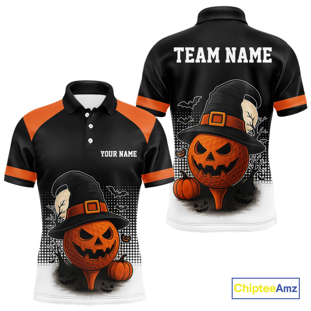 Black and Orange Funny pumpkin Golf Ball Men golf polo shirts Custom Halloween team mens golf wear NQS10778