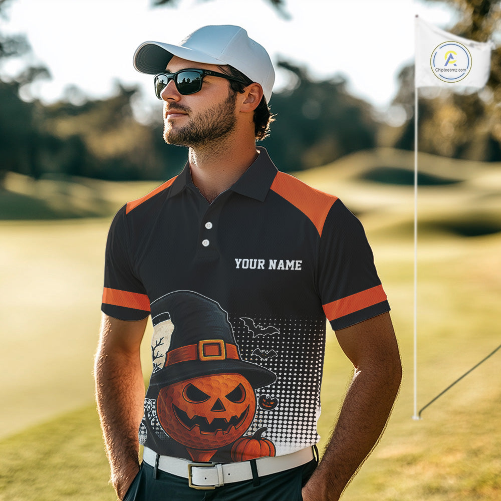 Black and Orange Funny pumpkin Golf Ball Men golf polo shirts Custom Halloween team mens golf wear NQS10778