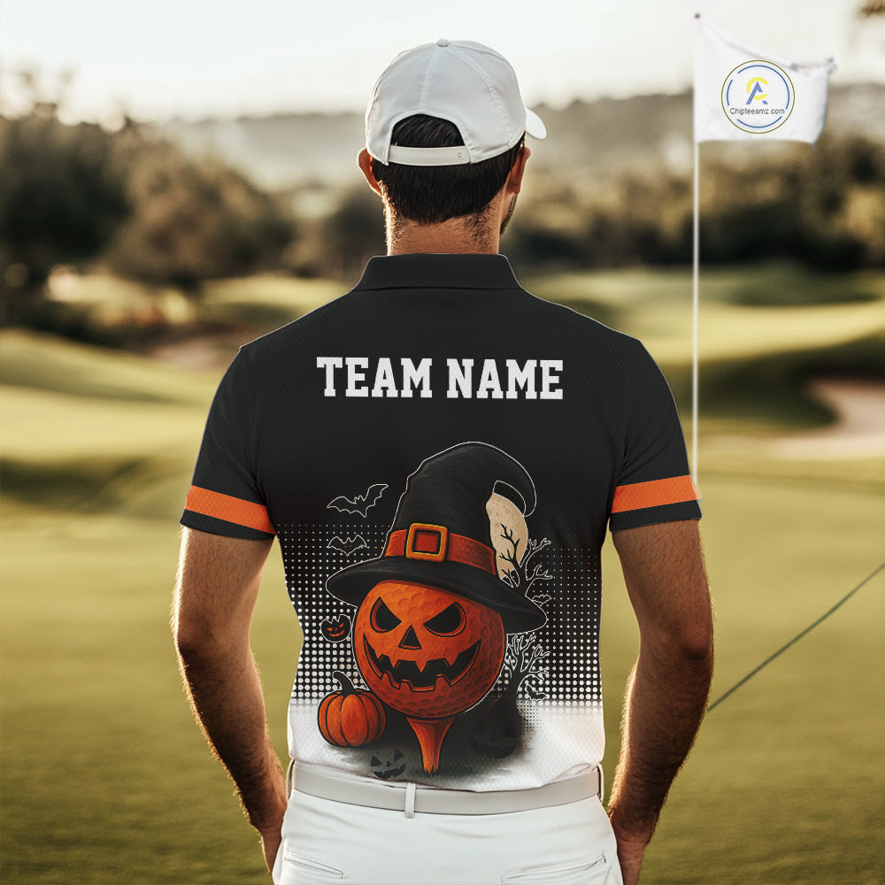 Black and Orange Funny pumpkin Golf Ball Men golf polo shirts Custom Halloween team mens golf wear NQS10778