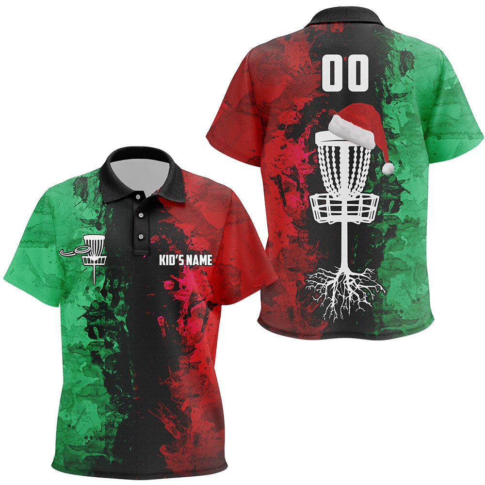 Custom name and number Santa Disc Golf basket Kid polo shirts, Christmas disc golf shirts for children NQS9065