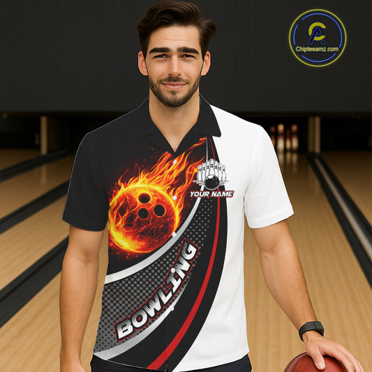 Personalized Black & White Red Flame Bowling Team Hawaiian Shirt, Gifts For Bowlers NQS11358
