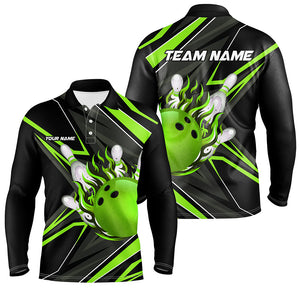 Black and green Men Bowling Polo Shirt custom Bowling Ball Pins flame bowling jerseys for Bowler NQS7386