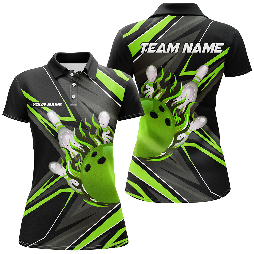 Black and green Womens bowling polo shirt custom Bowling Ball Pins flame bowling jerseys for Bowler NQS7386