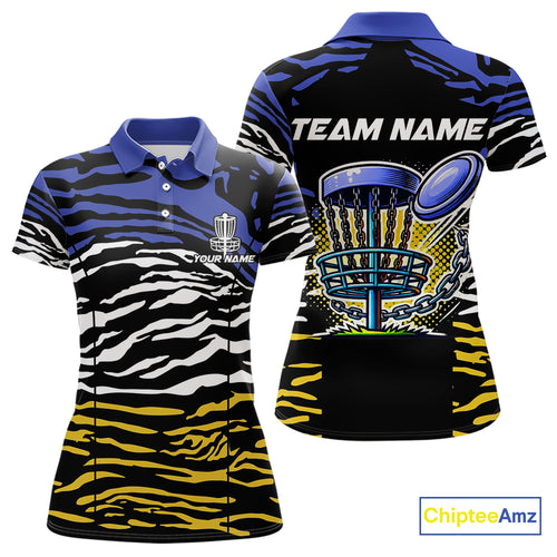Blue, Yellow and White Tiger Skin Pattern Women Disc golf polo shirts Custom team disc golf jerseys NQS9804