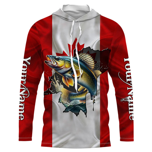 Walleye fishing shirts Canadian flag patriot UV protection Customize name long sleeves fishing shirts NQS7572