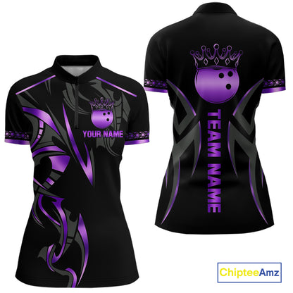Black and Purple crown Bowling ball Polo, Quarter Zip Shirts for Women Custom Bowling Team jerseys NQS10046