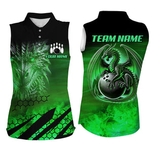 Black And Green Custom Dragon Flame Bowling sleeveless polo Shirts, Dragon Fire Bowling Team Shirts NQS8385