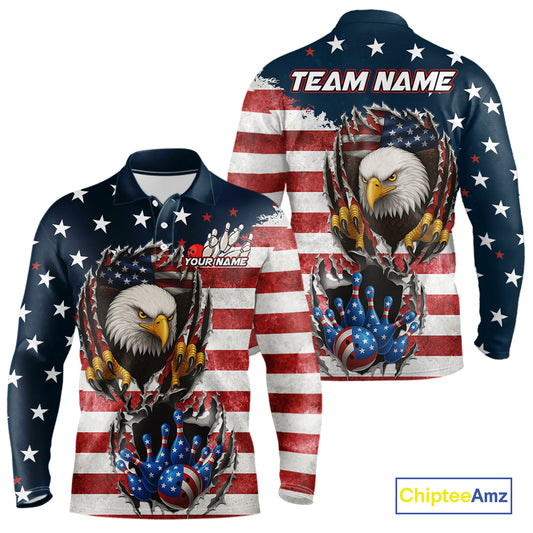 Vintage American Flag Eagle Bowling Polo, 1/4 Zip Shirt for Men Custom Patriotic Team Bowling Jersey NQS10569