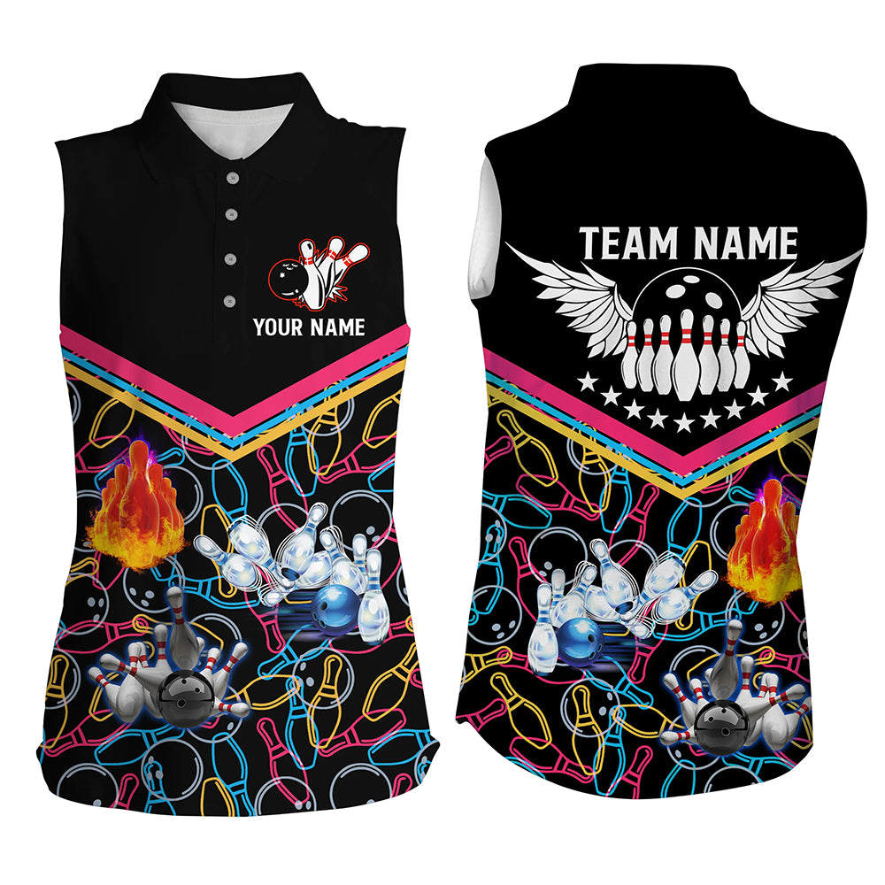 Custom Multicolor black sleeveless bowling shirt for women – personalized team jersey front view