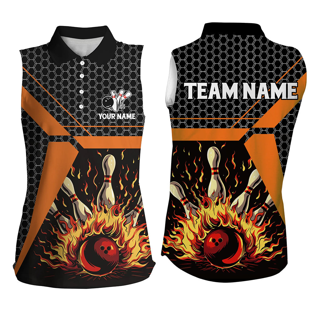 Flame Bowling Sleeveless Polo Shirts for women Custom team Bowling jerseys, bowling gifts | Orange NQS7971