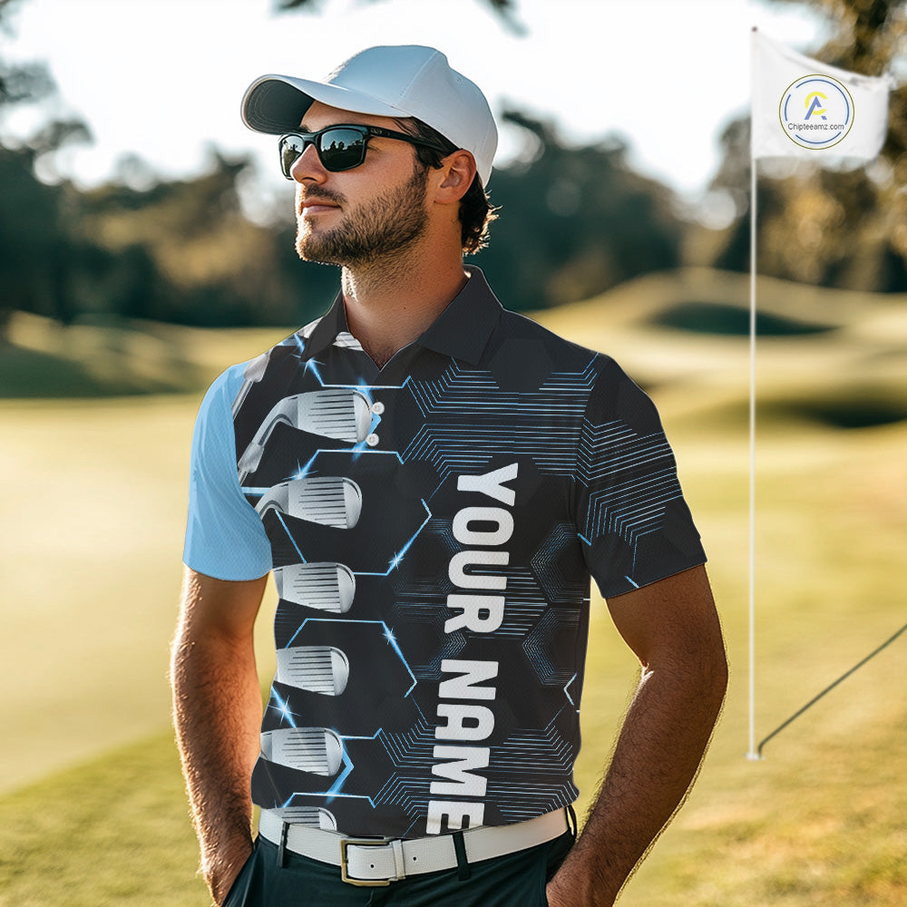 Blue and Black golf clubs Mens golf polo shirts custom name golf outfit men, personalized golf gifts NQS10212