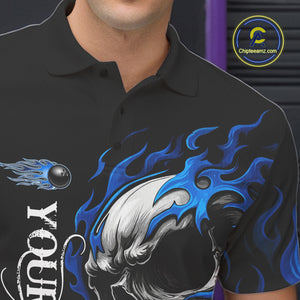 Custom Black and Blue Flame Skull Bowling Shirts For Men, Personalized Skull Team Bowling Jersey NQS10574