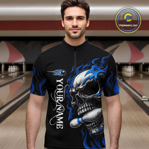 Custom Black and Blue Flame Skull Bowling Shirts For Men, Personalized Skull Team Bowling Jersey NQS10574