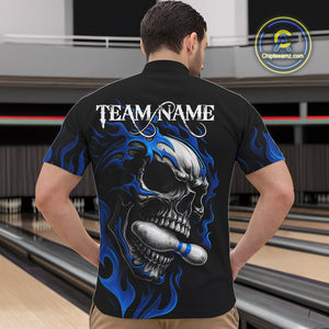 Custom Black and Blue Flame Skull Bowling Shirts For Men, Personalized Skull Team Bowling Jersey NQS10574