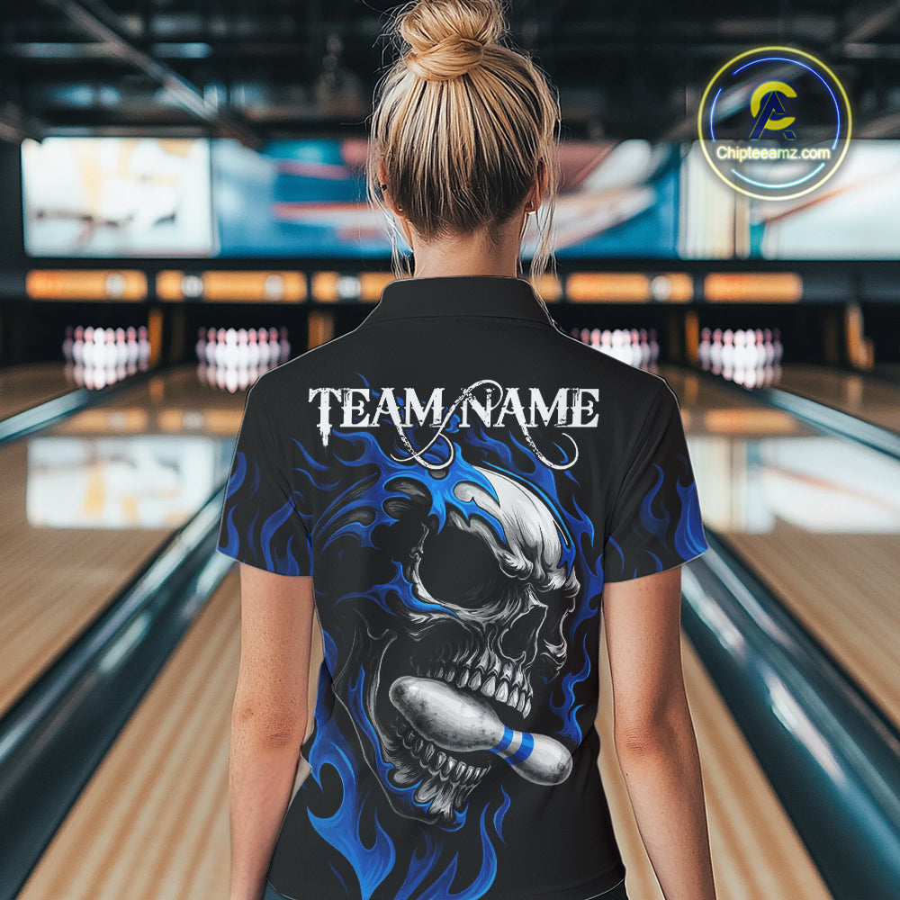 Custom Black and Blue Flame Skull Bowling Shirts For Women, Personalized Skull Team Bowling Jersey NQS10574