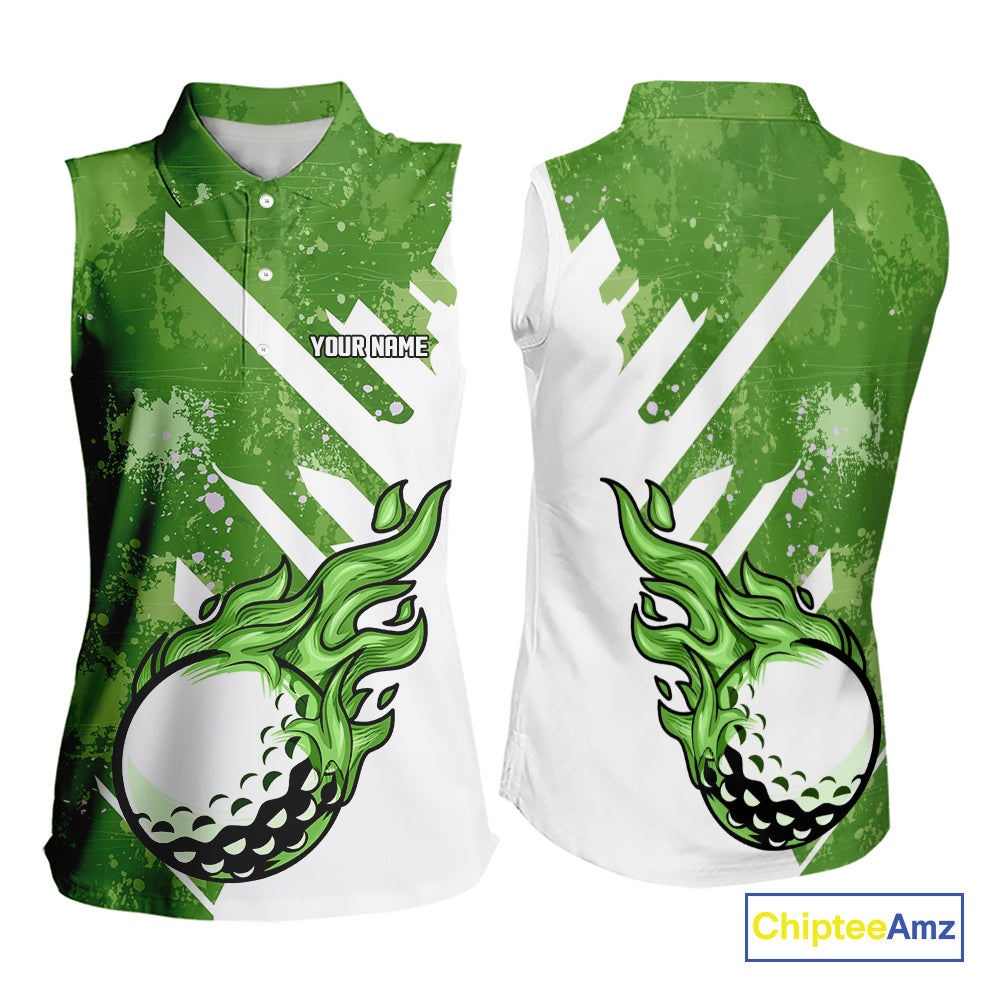 Green and white golf ball flame Women Sleeveless Polo Shirt custom team ladies golf clothing NQS10978