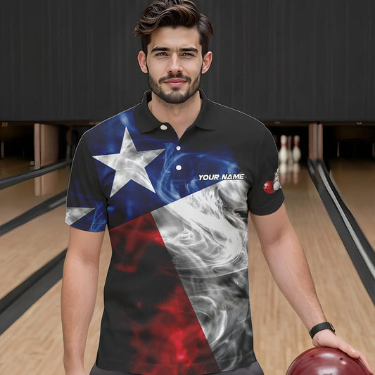 Smoke Texas Flag Black Bowling Polo, Quarter Zip shirt for men Custom patriotic Team bowling jersey NQS9631