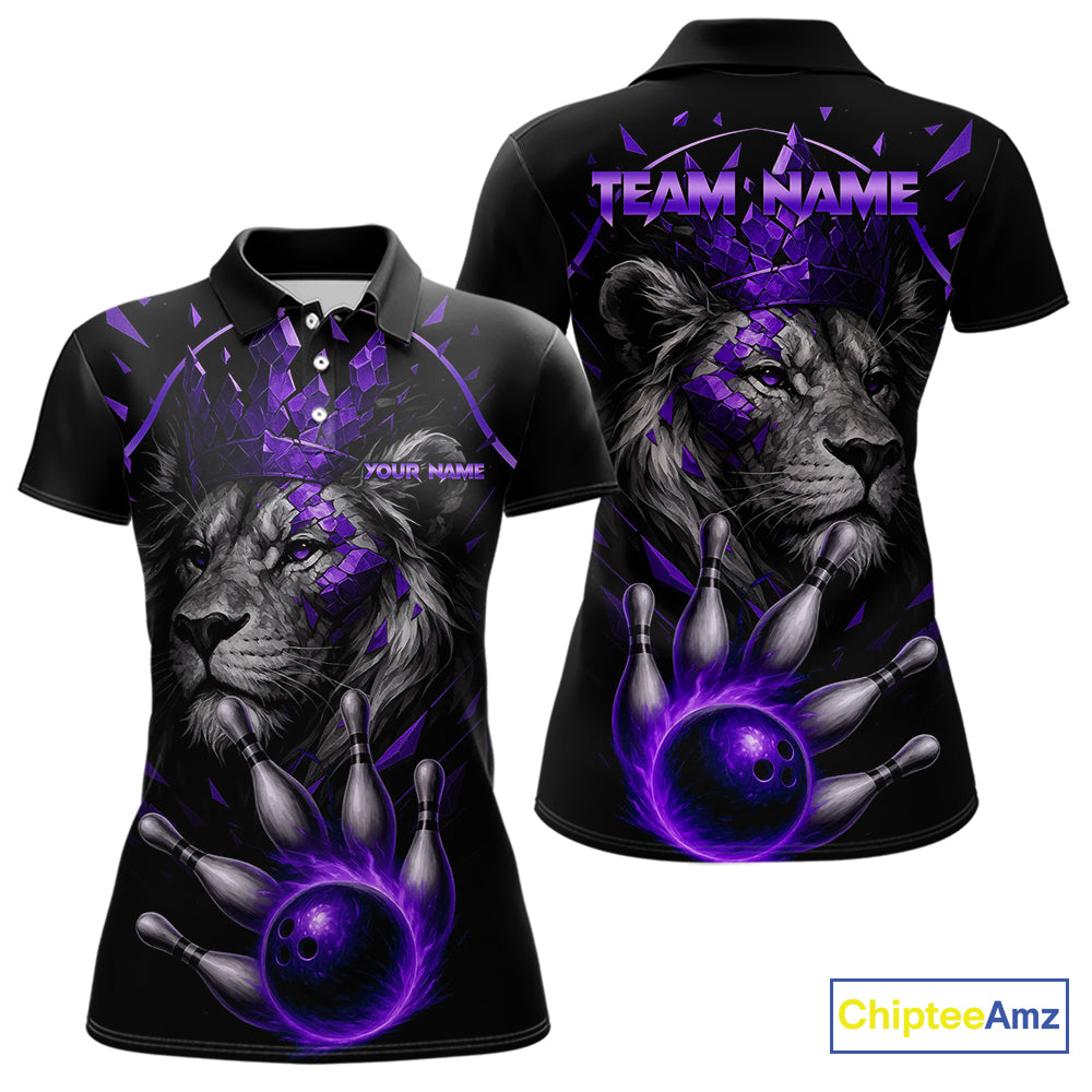 Custom Black and Purple Lion Bowling Polo, Quarter Zip shirts for Women, Lion Team Bowling Jerseys NQS10586