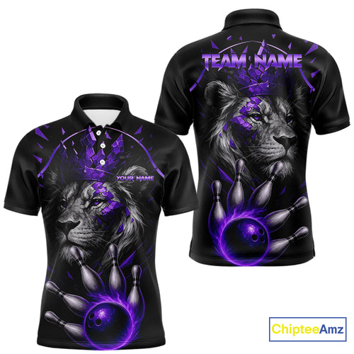Custom Black and Purple Lion Bowling Polo, Quarter Zip shirts for Men, Lion Team Bowling Jerseys NQS10586