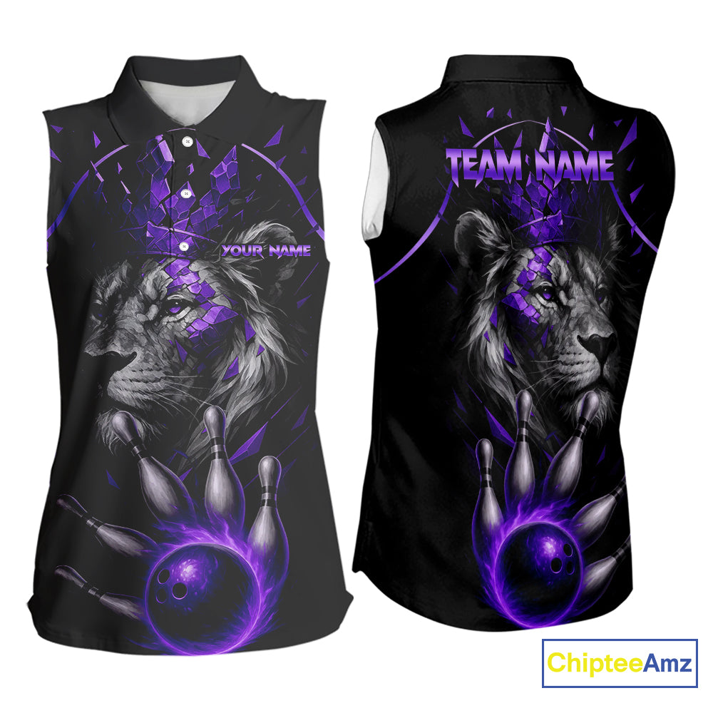 Custom Black and Purple Lion Bowling Sleeveless Polo shirt for Women, Lion Team Bowling Jerseys NQS10586