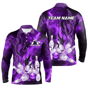 Purple Lightning Thunder Bowling Polo, 1/4 Zip Shirt For Men Purple Flame Custom Team Bowler Jersey NQS9102