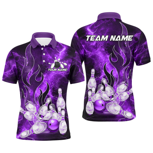 Purple Lightning Thunder Bowling Polo, 1/4 Zip Shirt For Men Purple Flame Custom Team Bowler Jersey NQS9102