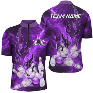 Purple Lightning Thunder Bowling Polo, 1/4 Zip Shirt For Men Purple Flame Custom Team Bowler Jersey NQS9102