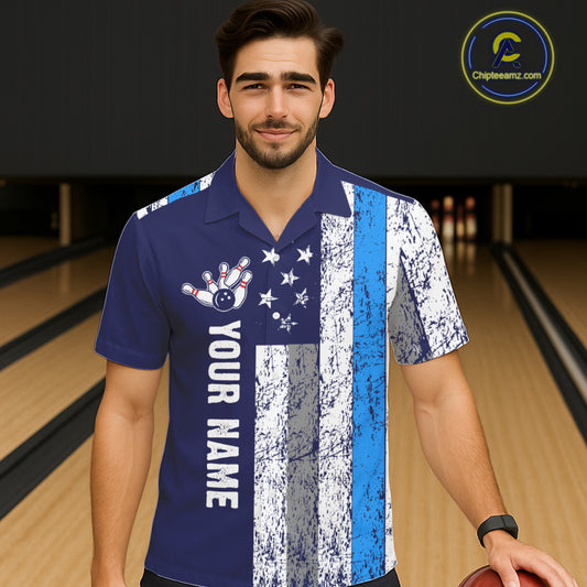 Blue Grunge American Flag Bowling Hawaiian Shirt Custom patriotic Bowling Team League Shirt NQS11176