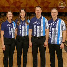 Load image into Gallery viewer, Blue Grunge American Flag Bowling Shirts For Women Custom patriotic Bowling Team League Jerseys NQS11176