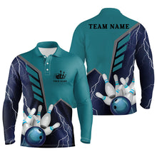 Load image into Gallery viewer, Blue personalized bowling shirt for men – custom name design side view