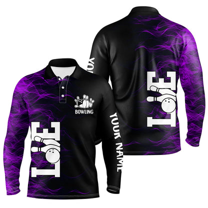 Purple Flame Bowling Custom Men Bowling Polo, Quarter zip Shirts Bowling Team Jerseys Tournament NQS8410