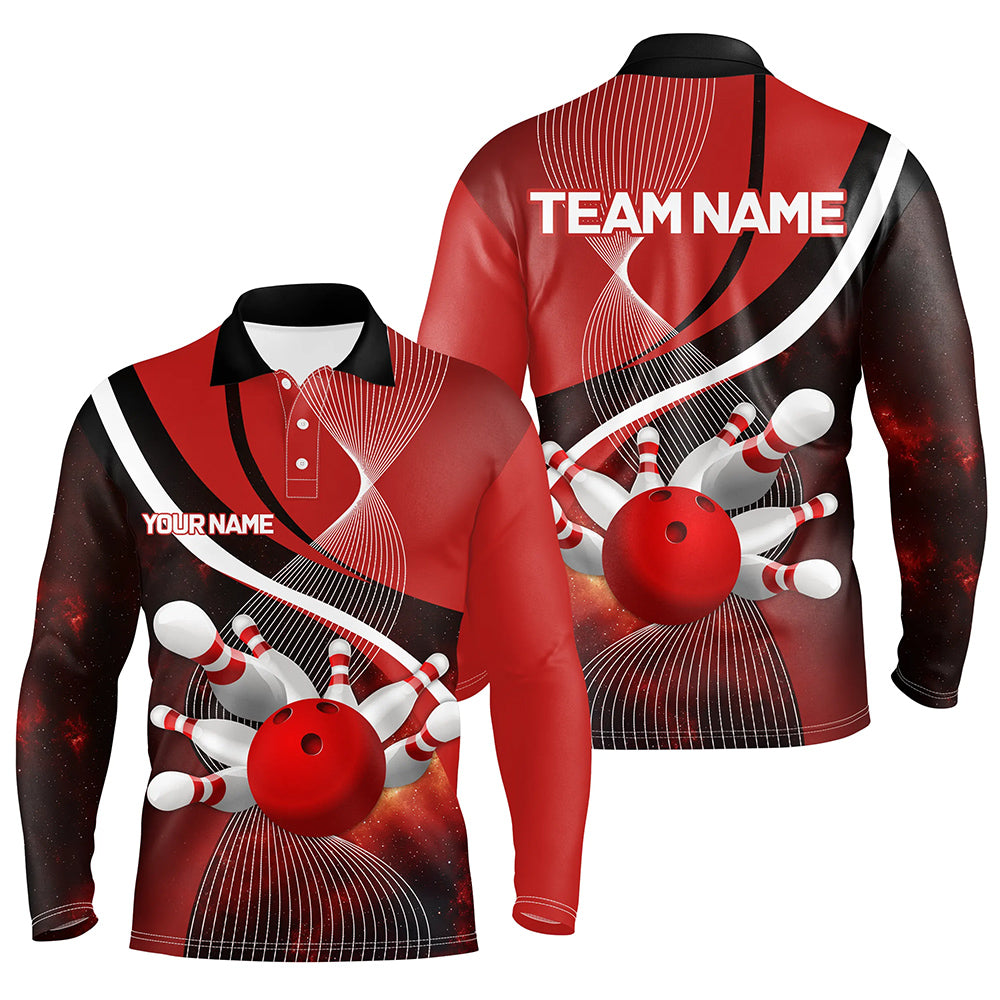 Red Galaxy Men Bowling Polo, Quarter zip Shirts Custom Bowling Team League Jerseys, Gift for bowlers NQS8415