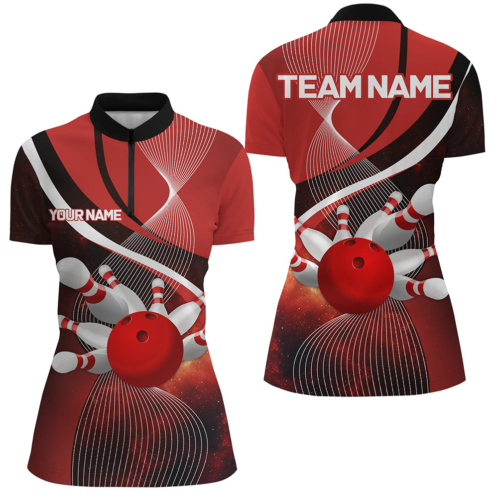 Red Galaxy Women Bowling Polo, Quarter zip Shirts Custom Bowling Team League Jerseys, Gift for bowlers NQS8415