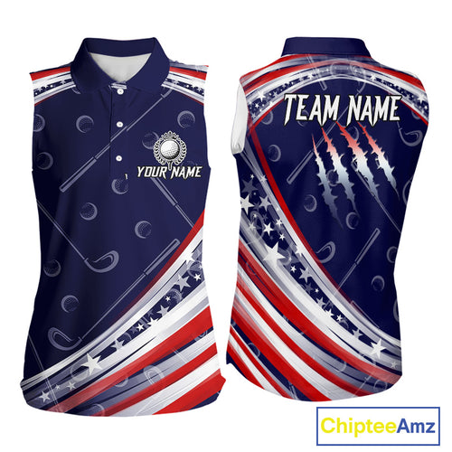 American Flag Camo Sleeveless Polo Golf Shirt Custom patriotic ladies golf shirt, golfer gifts | Navy NQS11181