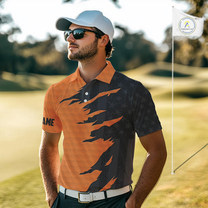 Personalized Mens golf polo shirts custom orange golf ball skin black American flag mens golf apparel NQS10070