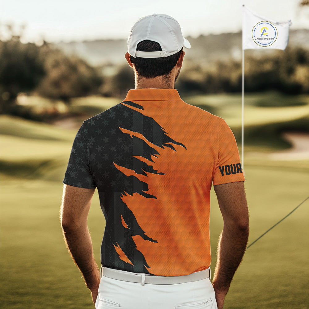 Personalized Mens golf polo shirts custom orange golf ball skin black American flag mens golf apparel NQS10070