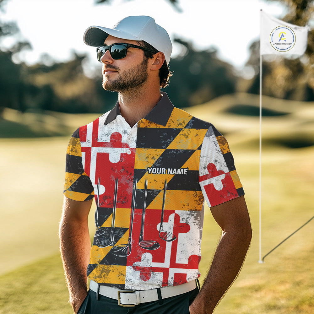 Maryland Flag Golf Clubs Mens Golf polo shirt Custom patriotic Mens golf top, personalized golf gifts NQS10382