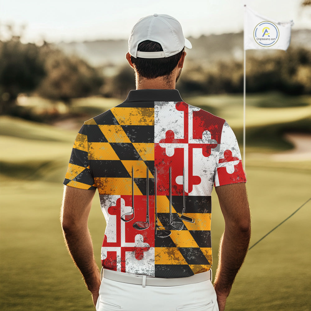 Maryland Flag Golf Clubs Mens Golf polo shirt Custom patriotic Mens golf top, personalized golf gifts NQS10382