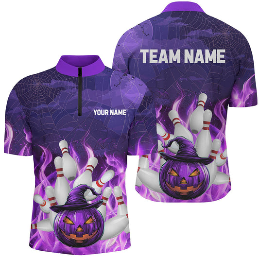 Purple Flame Halloween Pumpkin Bowling Polo, Quarter Zip Shirts For Men Custom Team Bowling Jerseys NQS8629